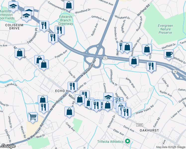 map of restaurants, bars, coffee shops, grocery stores, and more near 1100 Brookhurst Drive in Charlotte