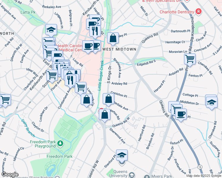 map of restaurants, bars, coffee shops, grocery stores, and more near 1232 South Kings Drive in Charlotte