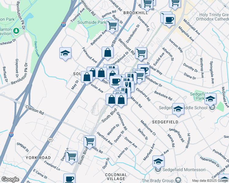 map of restaurants, bars, coffee shops, grocery stores, and more near 324 New Bern Station Court in Charlotte