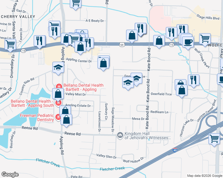 map of restaurants, bars, coffee shops, grocery stores, and more near 2689 Sage Meadow Drive in Memphis
