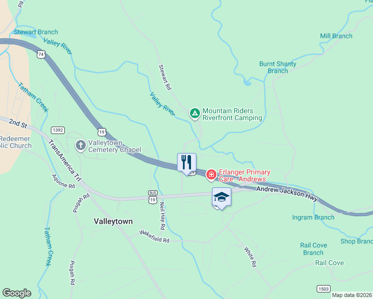 map of restaurants, bars, coffee shops, grocery stores, and more near 2617 Stewart Road in Andrews