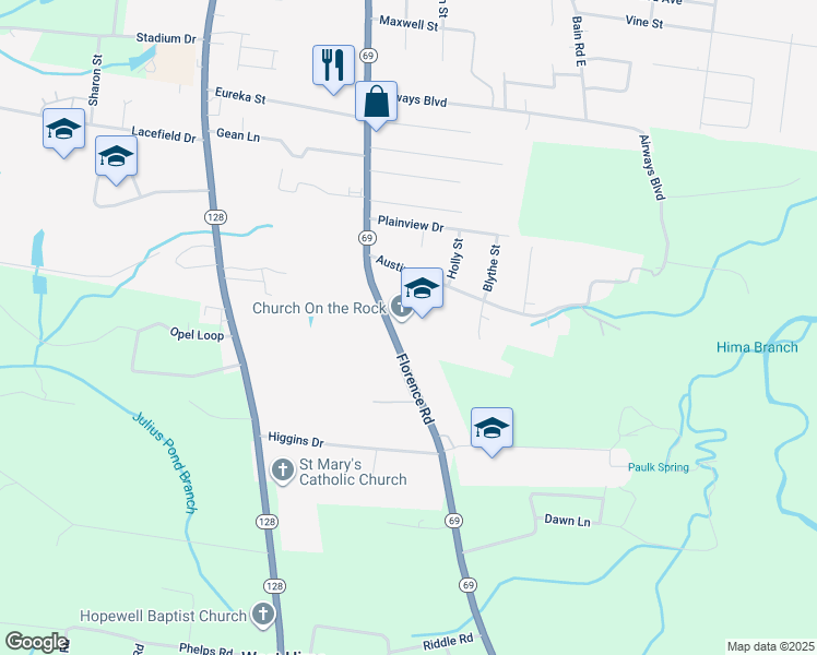 map of restaurants, bars, coffee shops, grocery stores, and more near 1700 Florence Road in Savannah