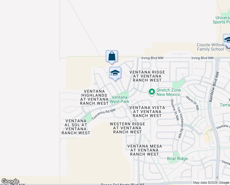 map of restaurants, bars, coffee shops, grocery stores, and more near 10405 Box Canyon Place Northwest in Albuquerque