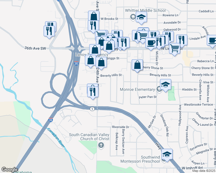 map of restaurants, bars, coffee shops, grocery stores, and more near 1506 Farmington Avenue in Norman