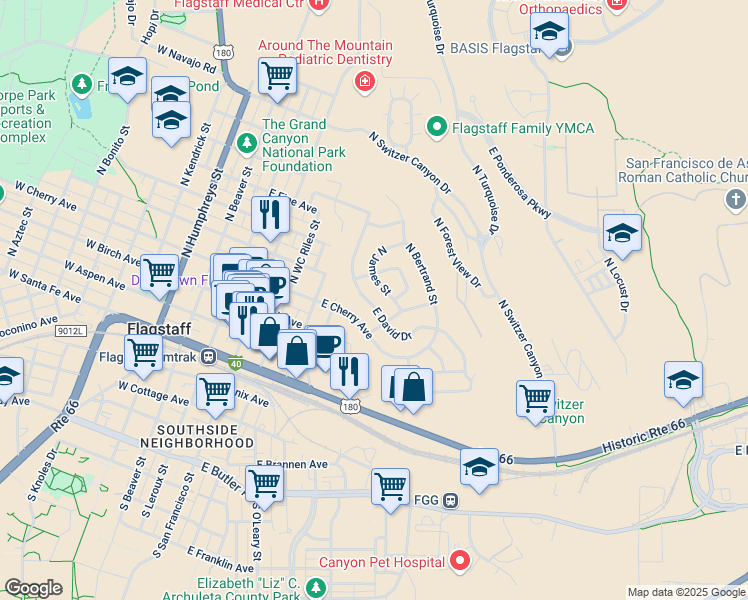 map of restaurants, bars, coffee shops, grocery stores, and more near 422 East David Drive in Flagstaff