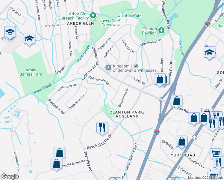 map of restaurants, bars, coffee shops, grocery stores, and more near 1015 Rollingwood Drive in Charlotte