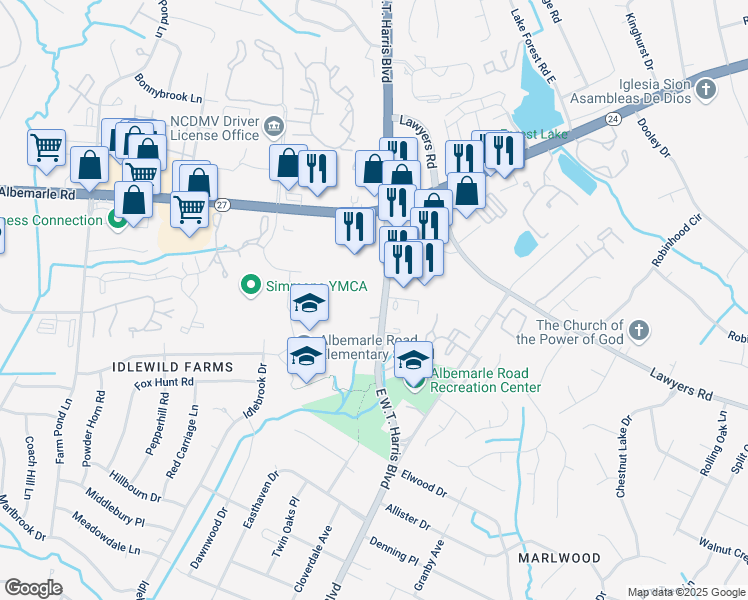 map of restaurants, bars, coffee shops, grocery stores, and more near 8914 East W T Harris Boulevard in Charlotte