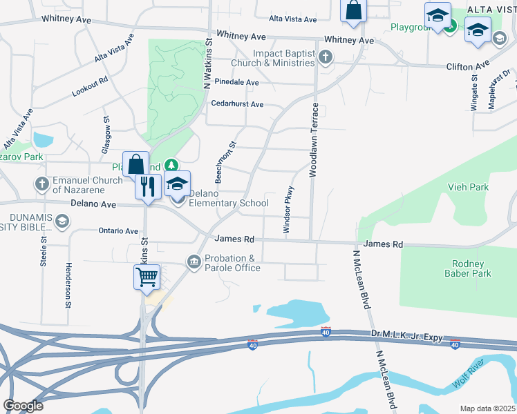 map of restaurants, bars, coffee shops, grocery stores, and more near 2703 Chatsworth Street in Memphis