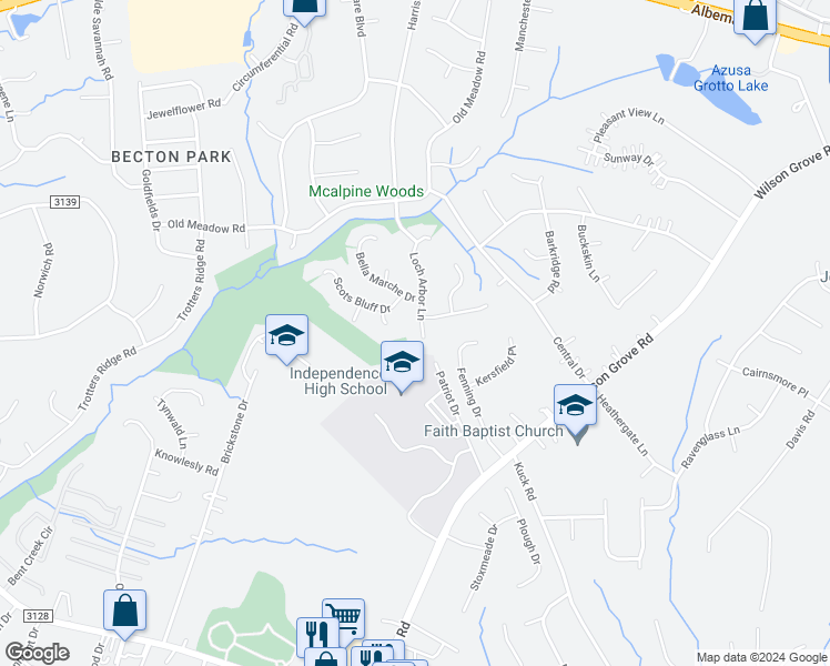 map of restaurants, bars, coffee shops, grocery stores, and more near 5925 Loch Arbor Lane in Mint Hill