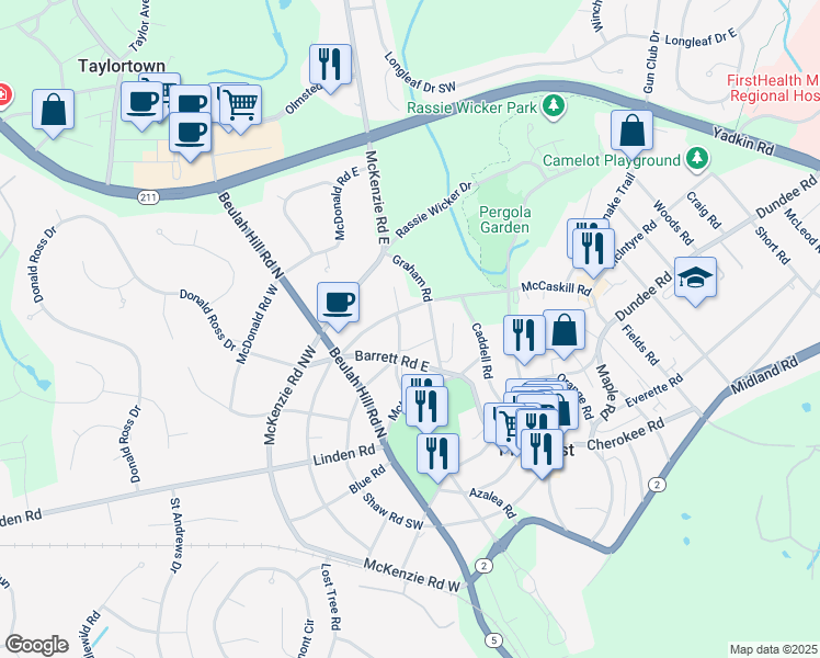 map of restaurants, bars, coffee shops, grocery stores, and more near 50 Culdee Road in Pinehurst