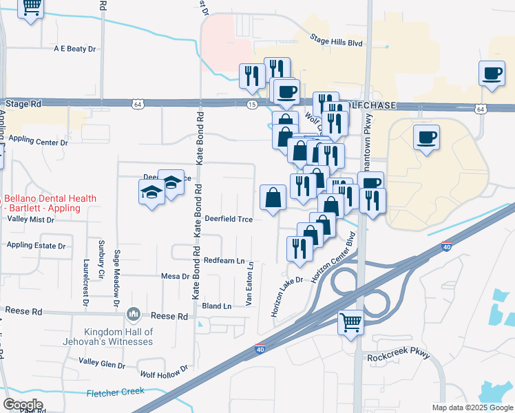 map of restaurants, bars, coffee shops, grocery stores, and more near 2704 Deer Glade Lane in Memphis
