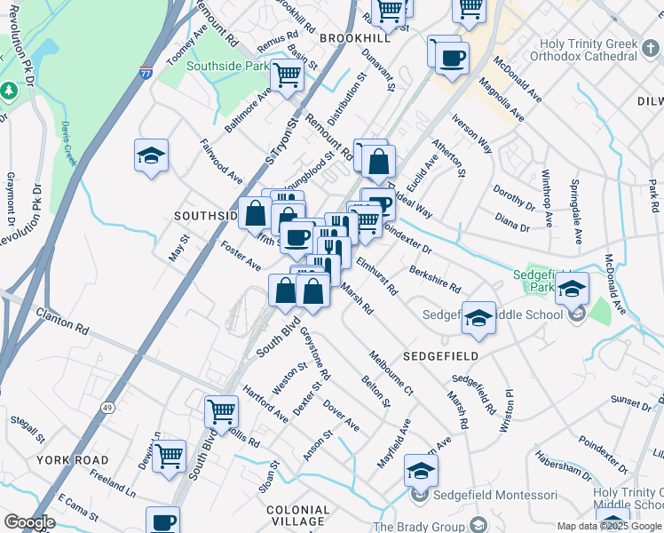 map of restaurants, bars, coffee shops, grocery stores, and more near 145 New Bern Street in Charlotte