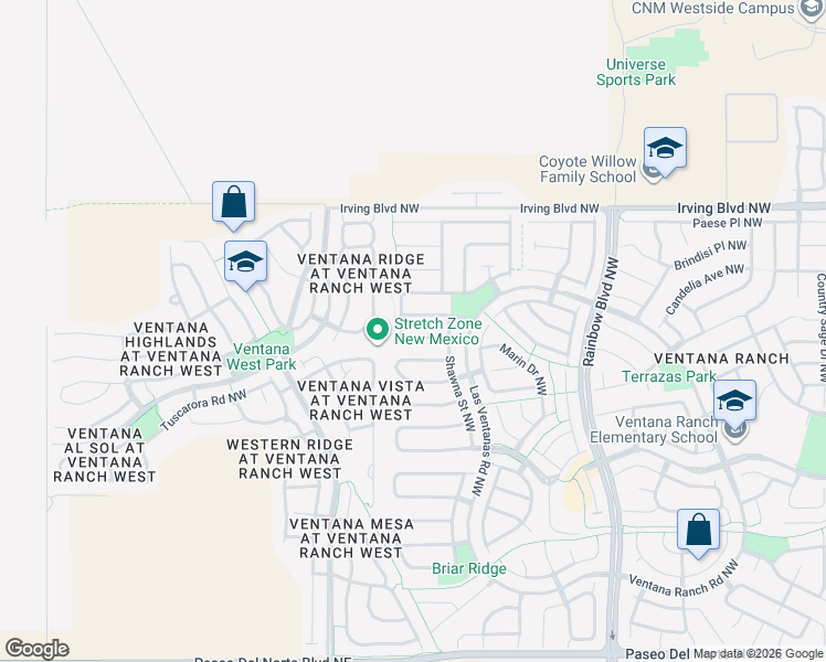 map of restaurants, bars, coffee shops, grocery stores, and more near 7709 Goshawk Avenue Northwest in Albuquerque