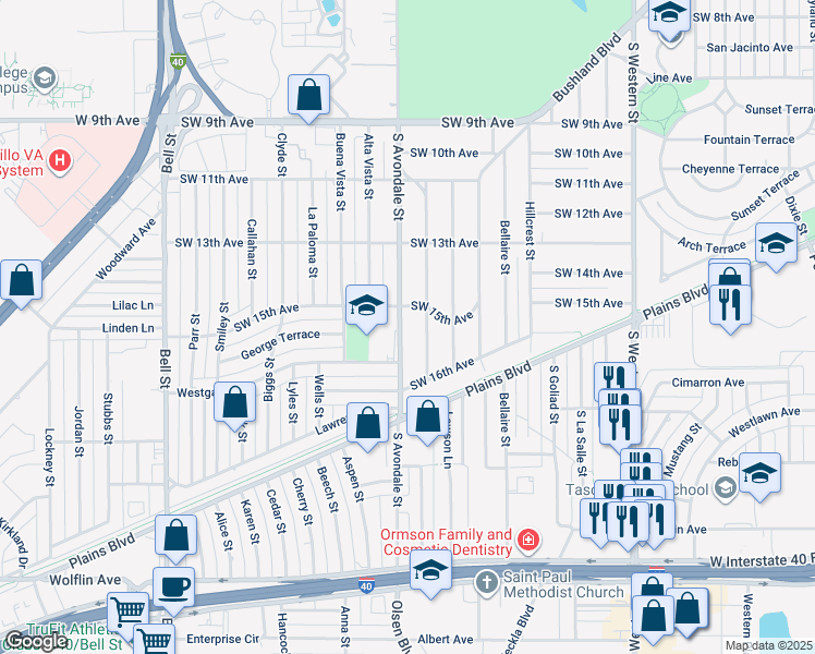 map of restaurants, bars, coffee shops, grocery stores, and more near 1507 South Avondale Street in Amarillo