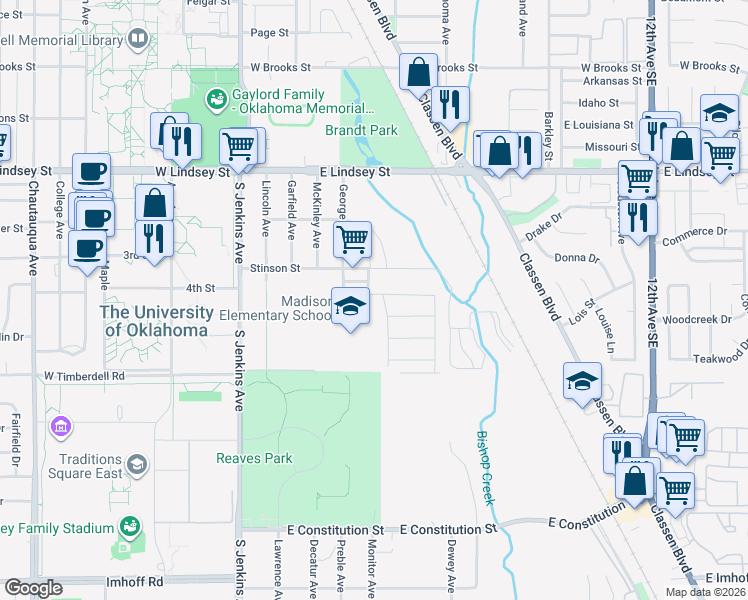 map of restaurants, bars, coffee shops, grocery stores, and more near 1510 Bedford Lane in Norman
