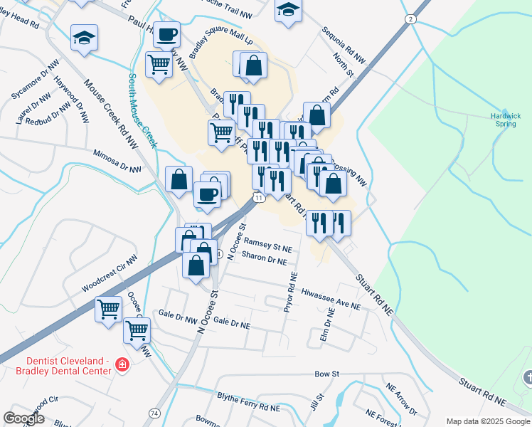 map of restaurants, bars, coffee shops, grocery stores, and more near 4480 North Ocoee Street in Cleveland