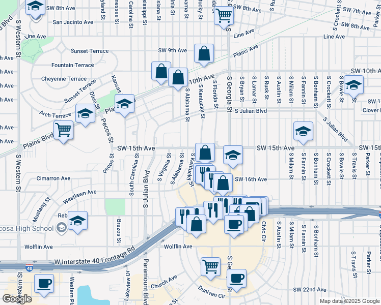 map of restaurants, bars, coffee shops, grocery stores, and more near 1502 South Kentucky Street in Amarillo