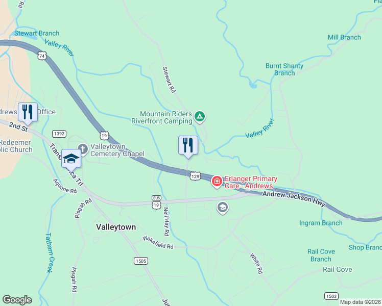map of restaurants, bars, coffee shops, grocery stores, and more near 2617 Stewart Road in Andrews