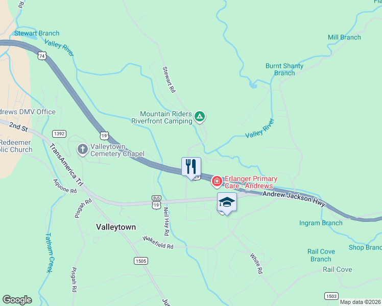 map of restaurants, bars, coffee shops, grocery stores, and more near 2617 Stewart Road in Andrews