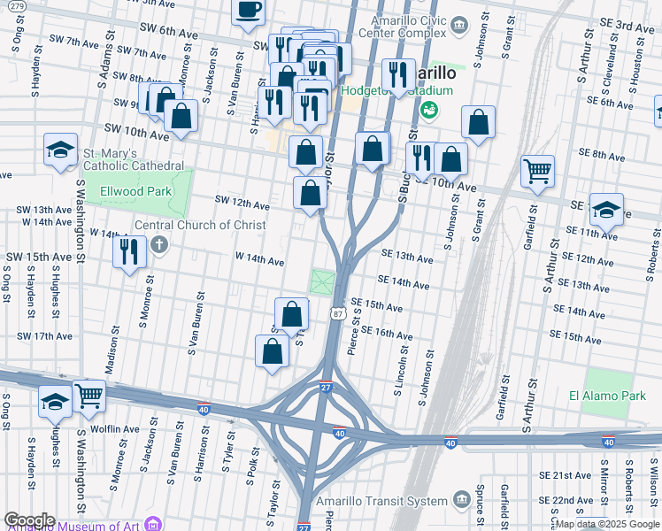 map of restaurants, bars, coffee shops, grocery stores, and more near 1320 South Fillmore Street in Amarillo