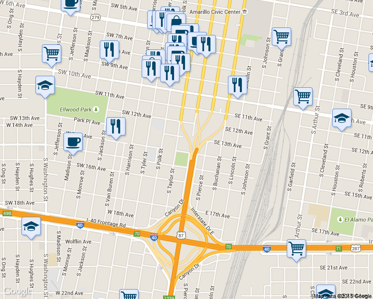 map of restaurants, bars, coffee shops, grocery stores, and more near 1320 South Fillmore Street in Amarillo