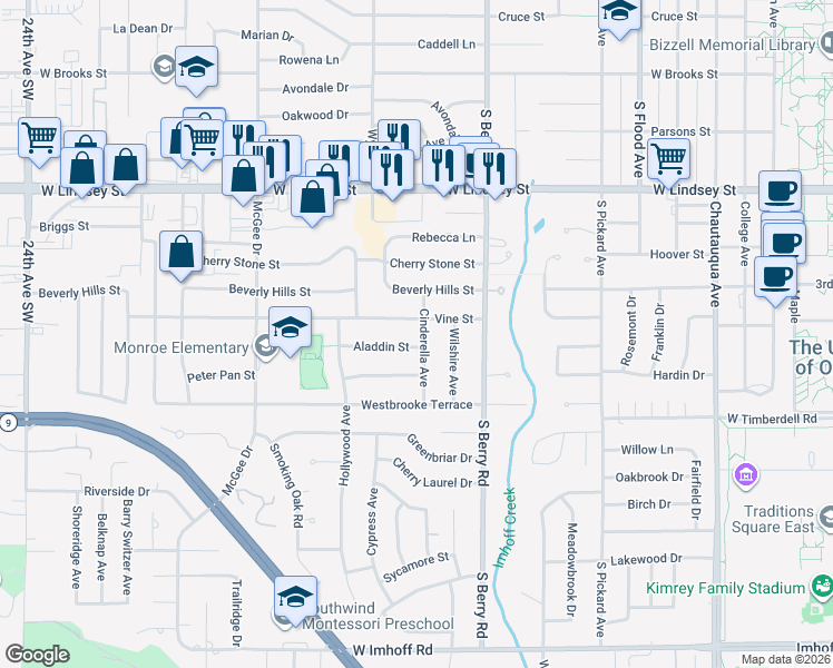 map of restaurants, bars, coffee shops, grocery stores, and more near 1605 Cinderella Avenue in Norman