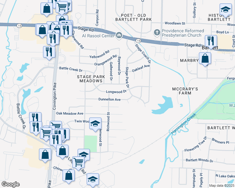 map of restaurants, bars, coffee shops, grocery stores, and more near 5307 Longwood Drive in Memphis