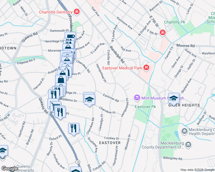 map of restaurants, bars, coffee shops, grocery stores, and more near 338 Hempstead Place in Charlotte