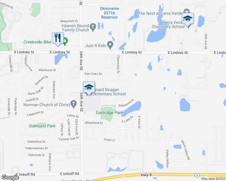 map of restaurants, bars, coffee shops, grocery stores, and more near 2712 Creekview Place in Norman