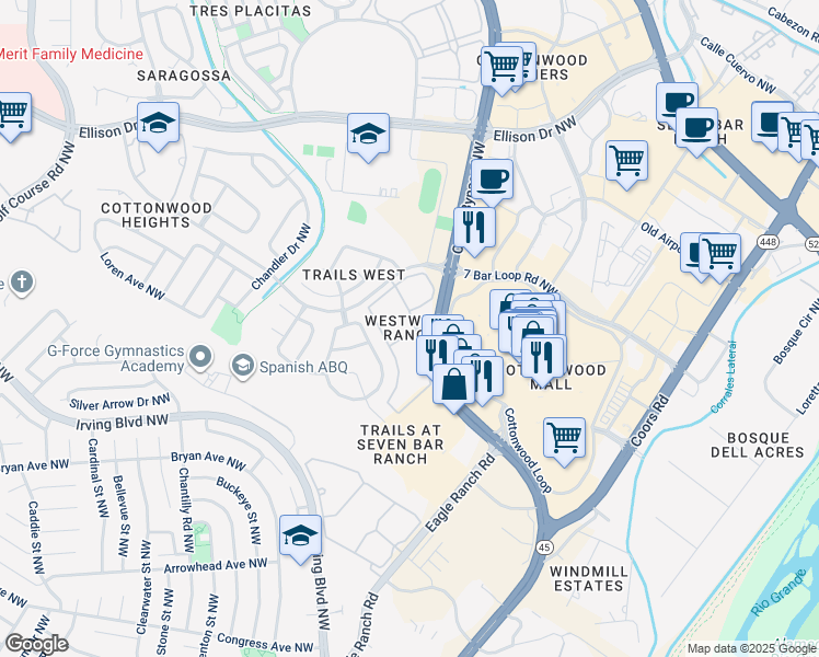 map of restaurants, bars, coffee shops, grocery stores, and more near 10001 Coors Bypass Northwest in Albuquerque