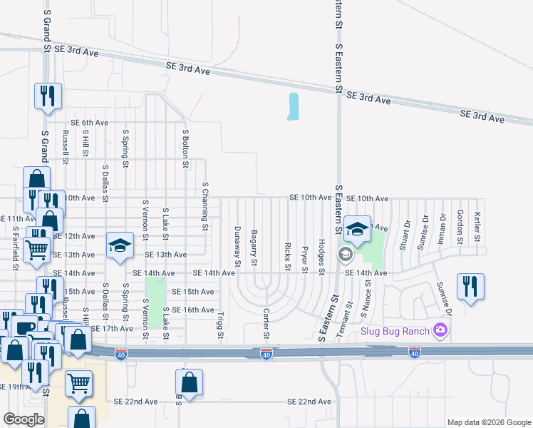 map of restaurants, bars, coffee shops, grocery stores, and more near 1017 Bagarry Street in Amarillo