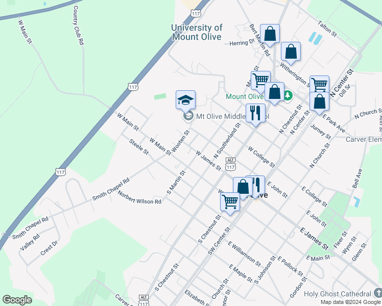 map of restaurants, bars, coffee shops, grocery stores, and more near 502 West Main Street in Mount Olive