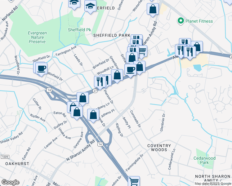 map of restaurants, bars, coffee shops, grocery stores, and more near in Charlotte
