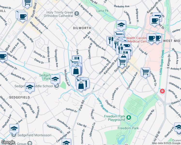 map of restaurants, bars, coffee shops, grocery stores, and more near 2221 Ledgewood Lane in Charlotte