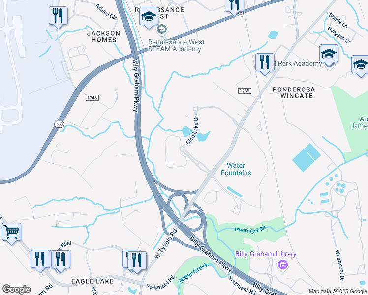 map of restaurants, bars, coffee shops, grocery stores, and more near 2322-2398 Cascade Pointe Boulevard in Charlotte