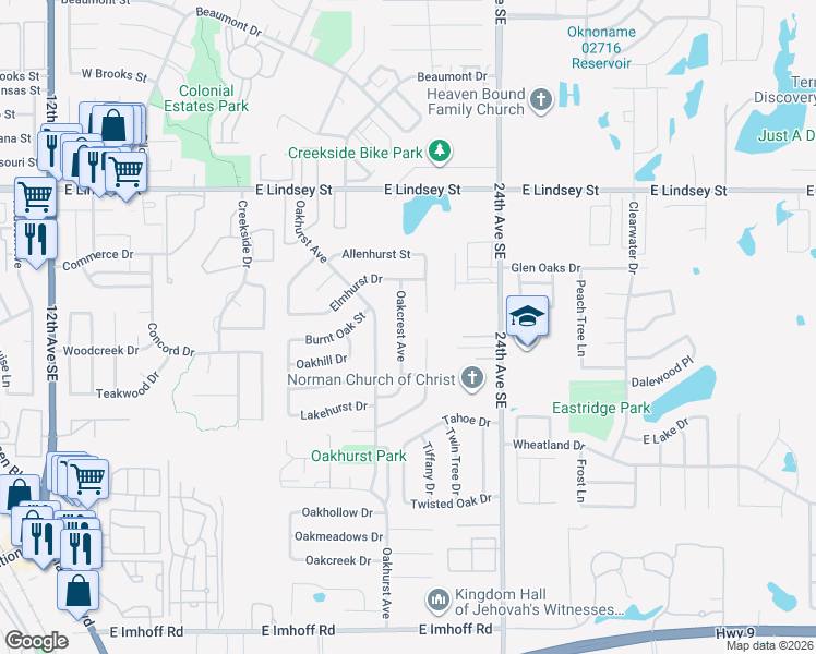 map of restaurants, bars, coffee shops, grocery stores, and more near 1510 Oakcrest Avenue in Norman