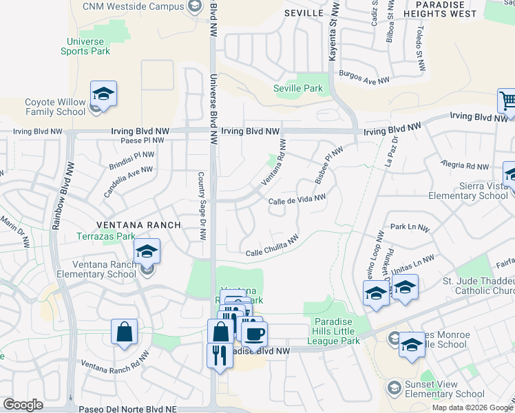 map of restaurants, bars, coffee shops, grocery stores, and more near 10116 Calle Bella Northwest in Albuquerque