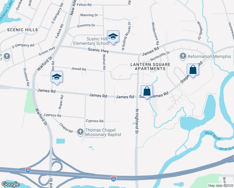 map of restaurants, bars, coffee shops, grocery stores, and more near 3486 James Road in Memphis