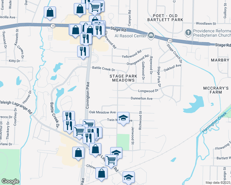 map of restaurants, bars, coffee shops, grocery stores, and more near 5142 Dunnellon Avenue in Memphis