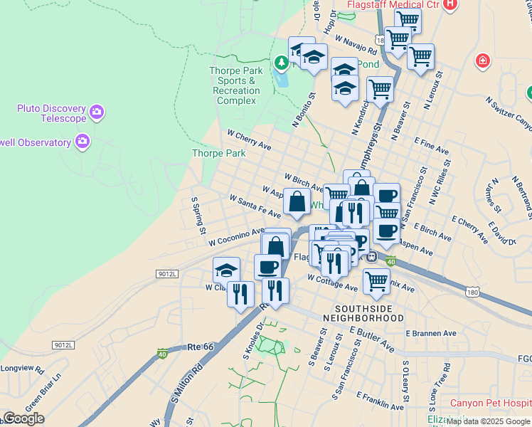 map of restaurants, bars, coffee shops, grocery stores, and more near 501 West Santa Fe Avenue in Flagstaff