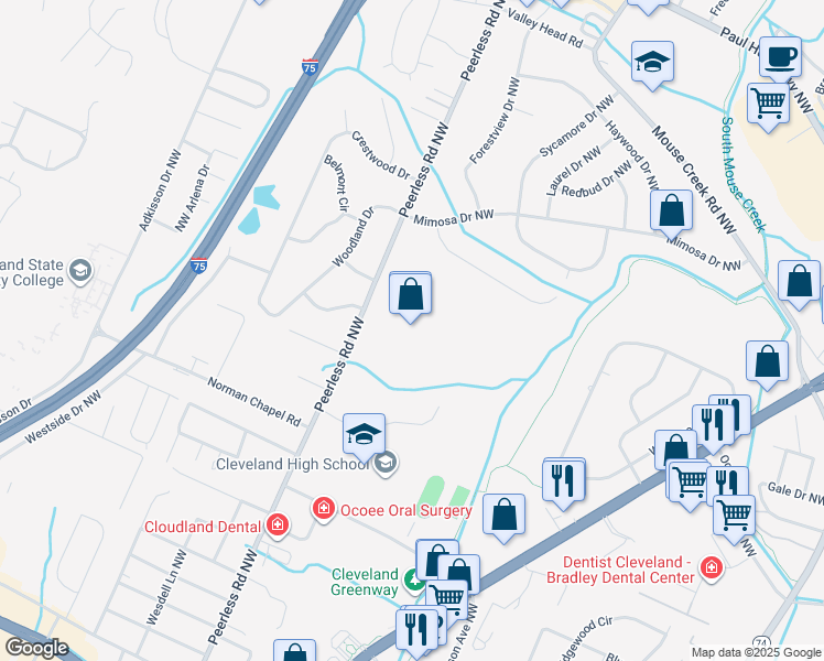map of restaurants, bars, coffee shops, grocery stores, and more near 3500 Peerless Road Northwest in Cleveland