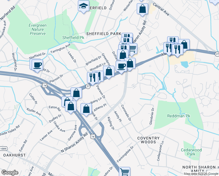 map of restaurants, bars, coffee shops, grocery stores, and more near in Charlotte