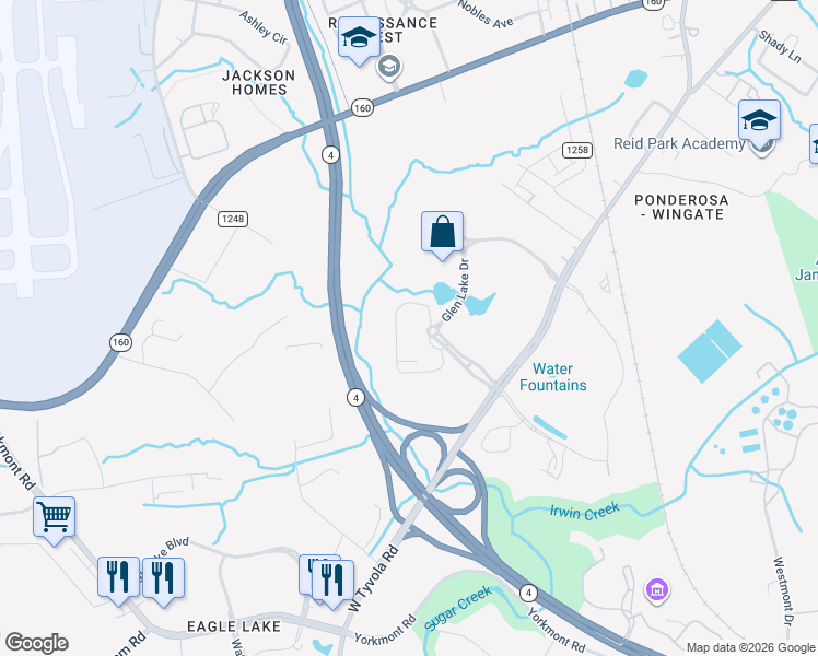 map of restaurants, bars, coffee shops, grocery stores, and more near 2425 Cascade Pointe Boulevard in Charlotte