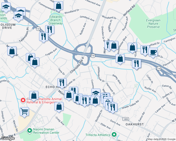 map of restaurants, bars, coffee shops, grocery stores, and more near 4038 Commonwealth Avenue in Charlotte