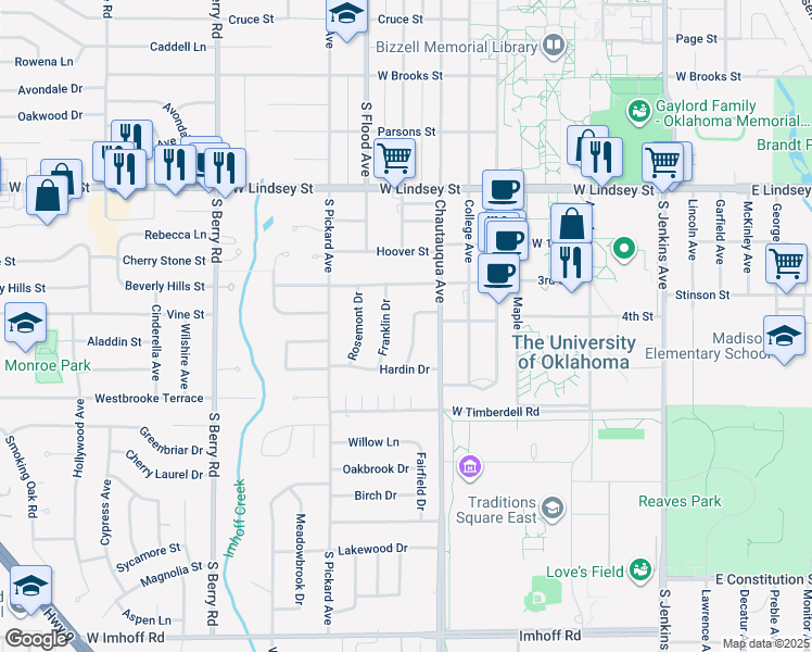 map of restaurants, bars, coffee shops, grocery stores, and more near 1604 Normandie Drive in Norman