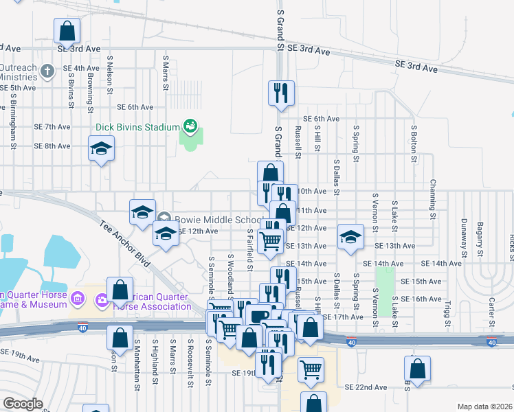 map of restaurants, bars, coffee shops, grocery stores, and more near 1100 South Fairfield Street in Amarillo