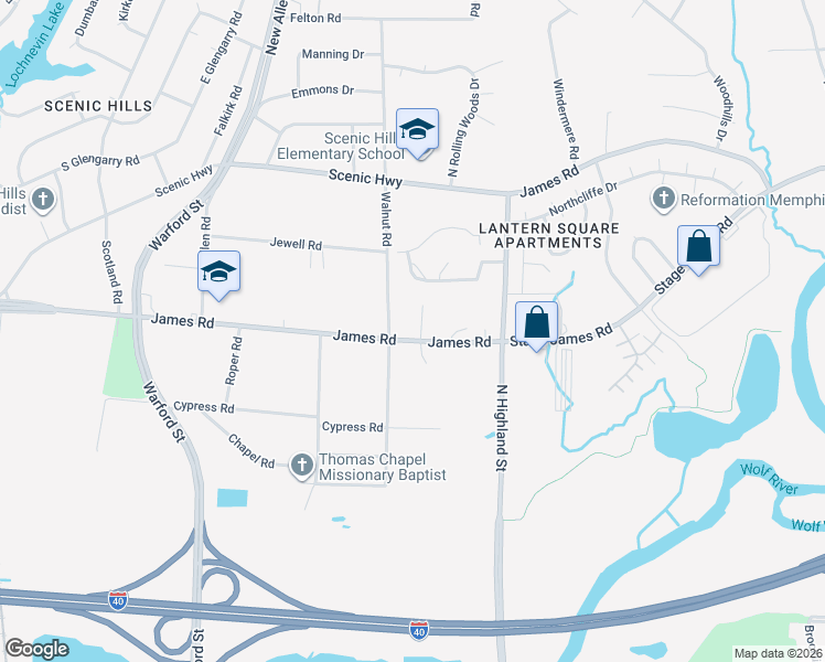 map of restaurants, bars, coffee shops, grocery stores, and more near 3486 James Road in Memphis