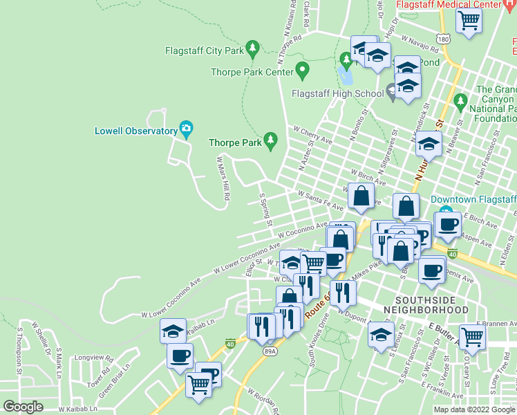 map of restaurants, bars, coffee shops, grocery stores, and more near 908 West Grand Canyon Avenue in Flagstaff