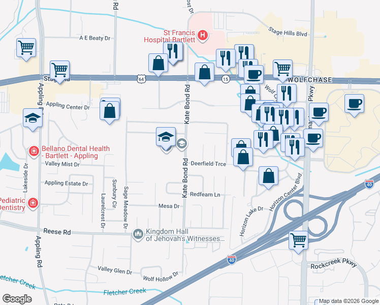 map of restaurants, bars, coffee shops, grocery stores, and more near 7828 Deerfield Trce in Memphis