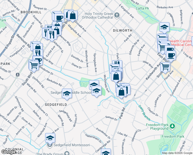 map of restaurants, bars, coffee shops, grocery stores, and more near 728 Ideal Way in Charlotte